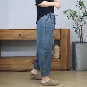 Cloth Patchwork Drawstring Waist Baggy Balloon Jeans
