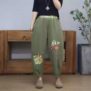 Colorful Printed Patchwork Cotton Ripped Tapered Pants