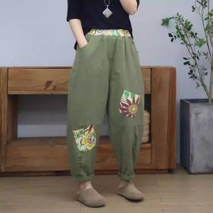 Colorful Printed Patchwork Cotton Ripped Tapered Pants