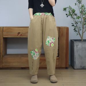 Colorful Printed Patchwork Cotton Ripped Tapered Pants