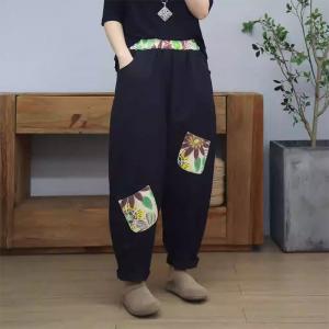 Colorful Printed Patchwork Cotton Ripped Tapered Pants