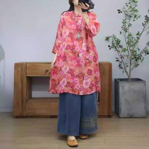 Chinese Collar Flowers Patterns Ramie Tunic Dress