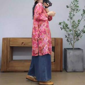 Chinese Collar Flowers Patterns Ramie Tunic Dress