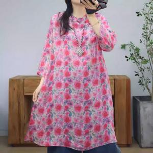 Chinese Collar Flowers Patterns Ramie Tunic Dress