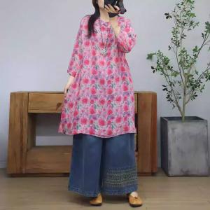 Chinese Collar Flowers Patterns Ramie Tunic Dress