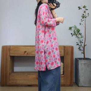 Chinese Collar Flowers Patterns Ramie Tunic Dress