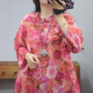 Chinese Collar Flowers Patterns Ramie Tunic Dress