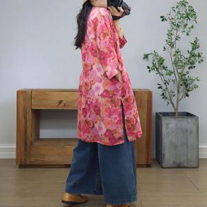 Chinese Collar Flowers Patterns Ramie Tunic Dress
