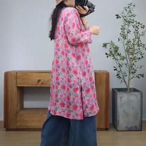 Chinese Collar Flowers Patterns Ramie Tunic Dress