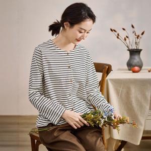 Black Stripes Ruffle Hem Cotton T-shirt