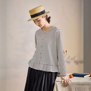 Black Stripes Ruffle Hem Cotton T-shirt