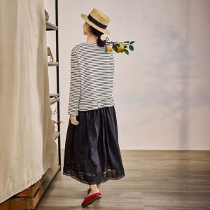 Black Stripes Ruffle Hem Cotton T-shirt
