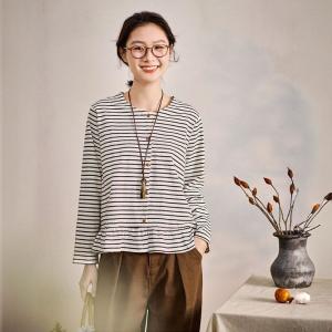 Black Stripes Ruffle Hem Cotton T-shirt