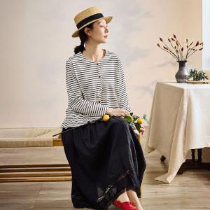 Black Stripes Ruffle Hem Cotton T-shirt