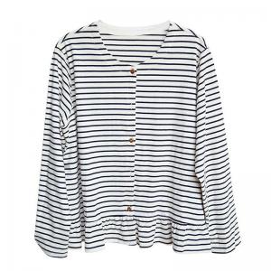 Black Stripes Ruffle Hem Cotton T-shirt