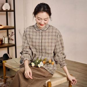 Coffee Plaids Peter Pan Collar Shirt