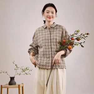 Coffee Plaids Peter Pan Collar Shirt