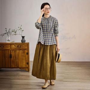 Blue Long Sleeves Designer Gingham Blouse