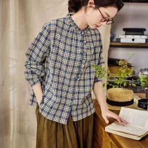 Blue Long Sleeves Designer Gingham Blouse
