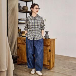 Blue Long Sleeves Designer Gingham Blouse