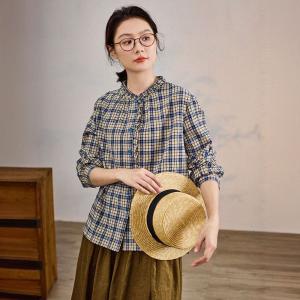Blue Long Sleeves Designer Gingham Blouse