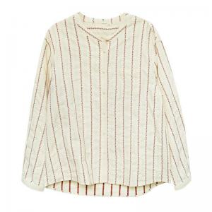 Y-Neck Striped Cotton Jacquard Peasant Blouse