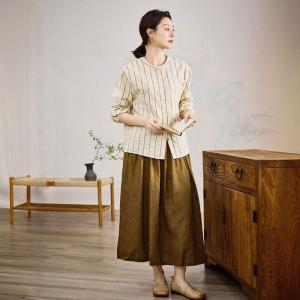 Y-Neck Striped Cotton Jacquard Peasant Blouse
