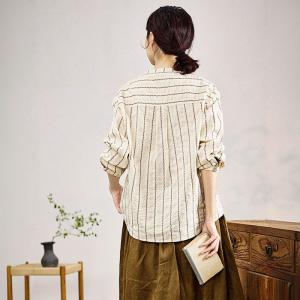 Y-Neck Striped Cotton Jacquard Peasant Blouse