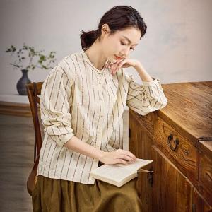 Y-Neck Striped Cotton Jacquard Peasant Blouse