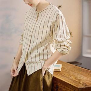 Y-Neck Striped Cotton Jacquard Peasant Blouse