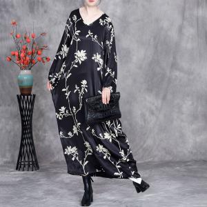 White Flowers Black V-Neck Silk Dress