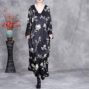 White Flowers Black V-Neck Silk Dress