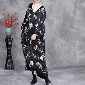 White Flowers Black V-Neck Silk Dress