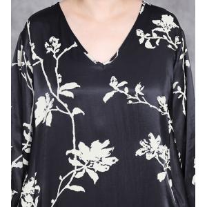 White Flowers Black V-Neck Silk Dress
