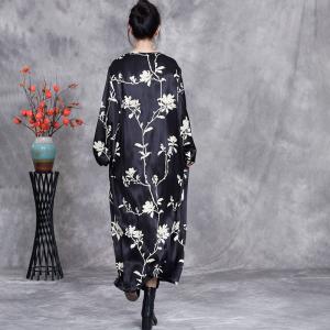 White Flowers Black V-Neck Silk Dress
