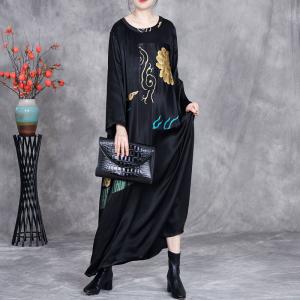 Ethnic Totems Prints Silk Loose Black Modest Dress
