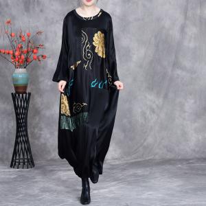 Ethnic Totems Prints Silk Loose Black Modest Dress