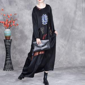 Ethnic Totems Prints Silk Loose Black Modest Dress