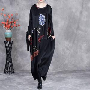 Ethnic Totems Prints Silk Loose Black Modest Dress