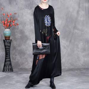 Ethnic Totems Prints Silk Loose Black Modest Dress