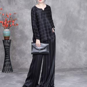 Sweetheart Neck Striped Blouse with Silk Long Palazzo Pants