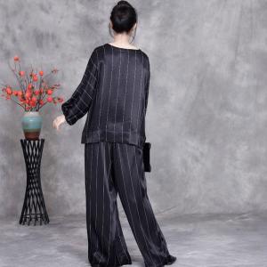 Sweetheart Neck Striped Blouse with Silk Long Palazzo Pants