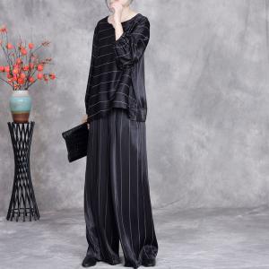 Sweetheart Neck Striped Blouse with Silk Long Palazzo Pants