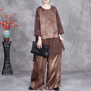 Translucent Jacquard Hem Silk Tunic with Wide Leg Pant Sets