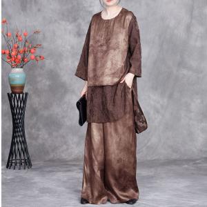 Translucent Jacquard Hem Silk Tunic with Wide Leg Pant Sets