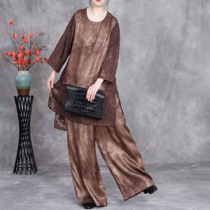 Translucent Jacquard Hem Silk Tunic with Wide Leg Pant Sets