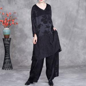 V-Neck Jacquard Tunic Blouse with Elegant Wide Leg Pants