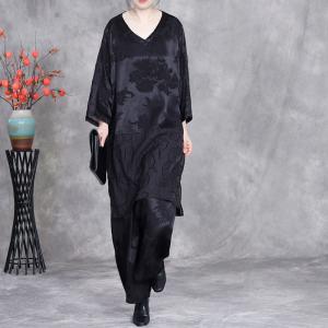 V-Neck Jacquard Tunic Blouse with Elegant Wide Leg Pants