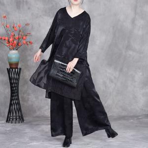 V-Neck Jacquard Tunic Blouse with Elegant Wide Leg Pants