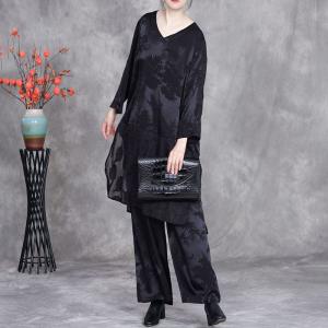 V-Neck Jacquard Tunic Blouse with Elegant Wide Leg Pants